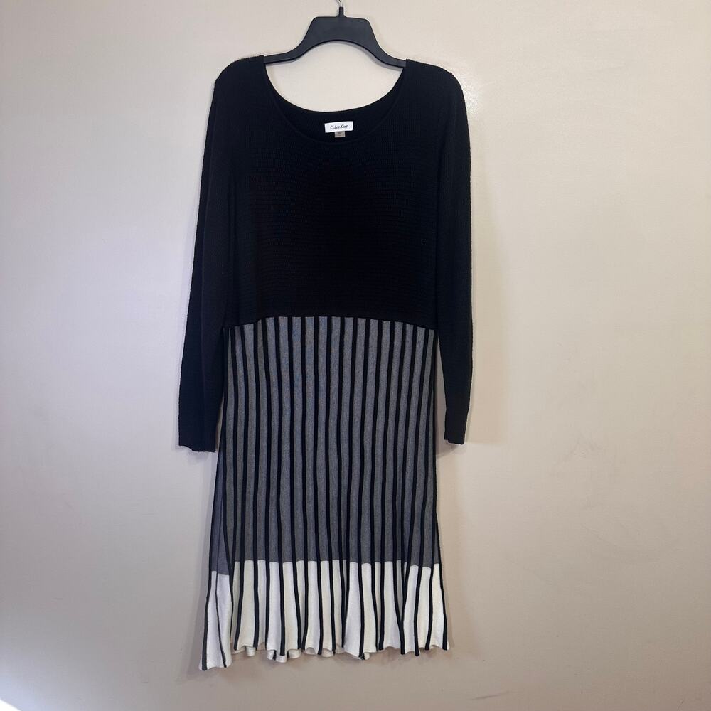 Calvin Klein Colorblock Pleated Sweater Dress Black Gray 1X